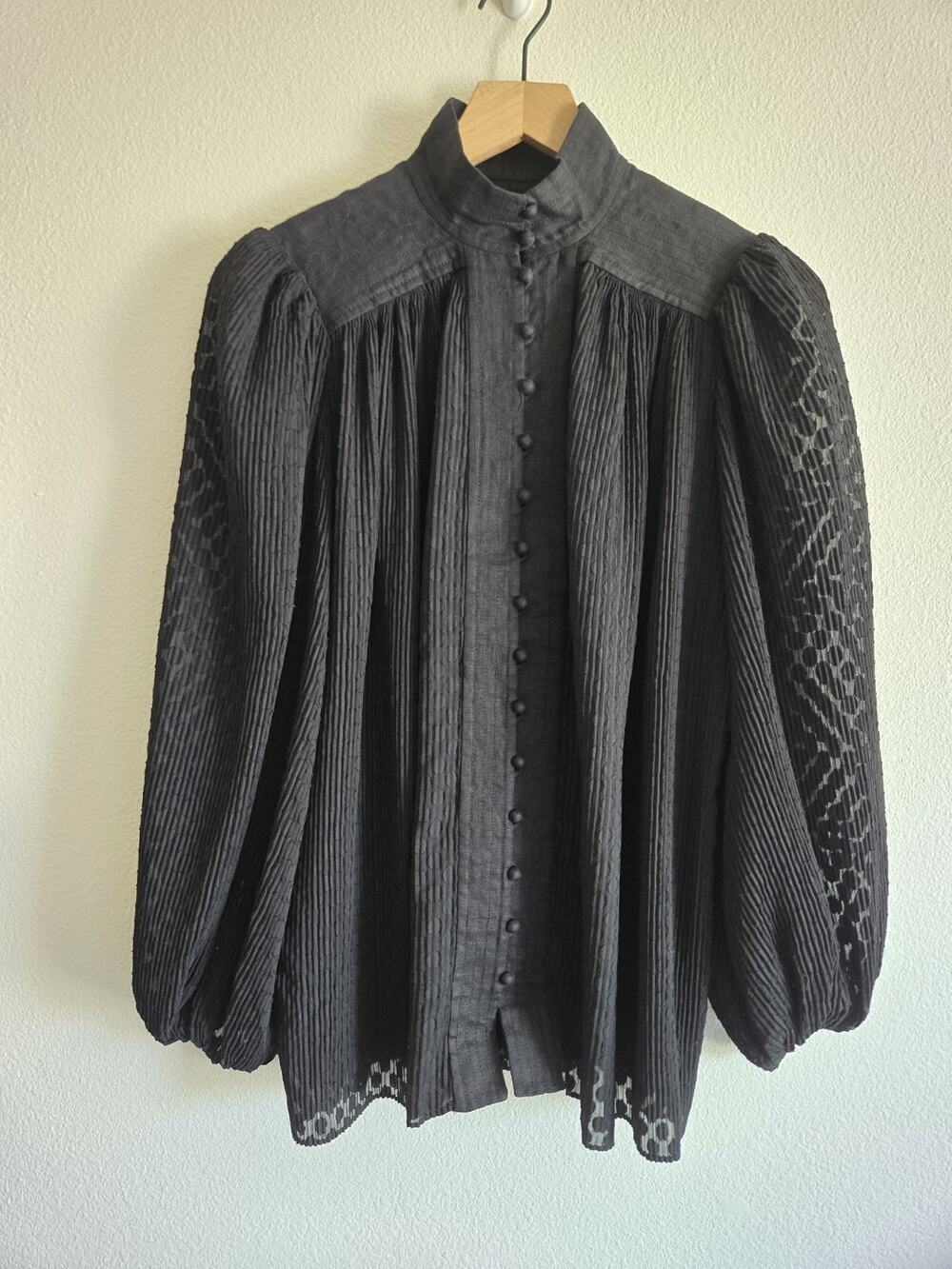 Zimmermann High Neck Puff Sleeve Top Black Gothic Victorian Edwardian Witchy Med